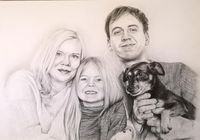 Familienportrait mit Hund, Bleistift