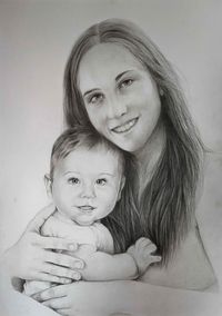 Frau mit Tochter, Bleistiftzeichnung