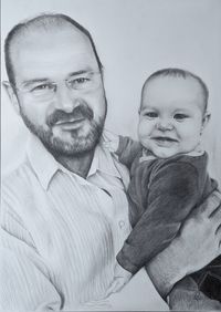 Mann mit Baby, Portrait Bleistift