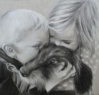 Kinder mit Hund, Portraitzeichnung Kohle