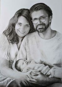 Kohleportrait, Eltern mit Baby