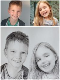 Geschwisterportrait zusammengesetzt aus Einzelbildern, Bleistift